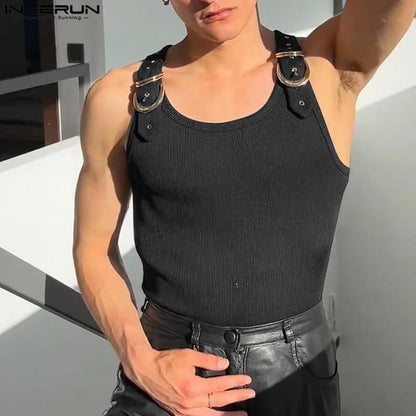 Incerun Metal Buckle Tank Top | White & Black | S–3XL