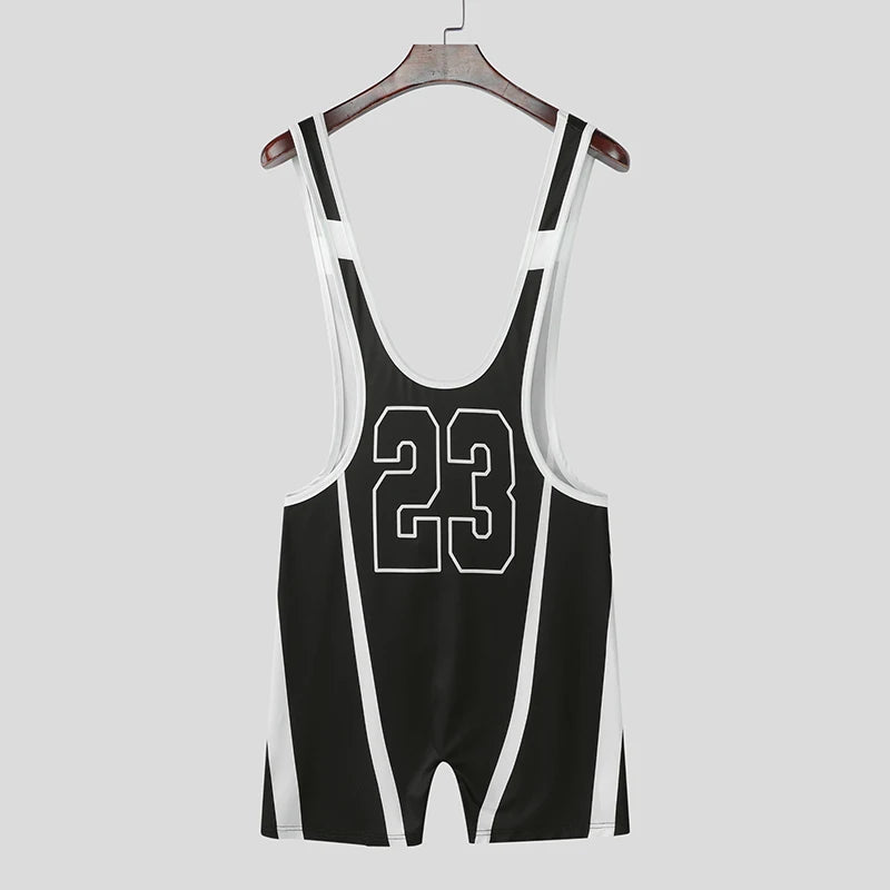 Men's Letter Print Patchwork Bodysuit – Black & White | S–3XL | Polyester & Spandex