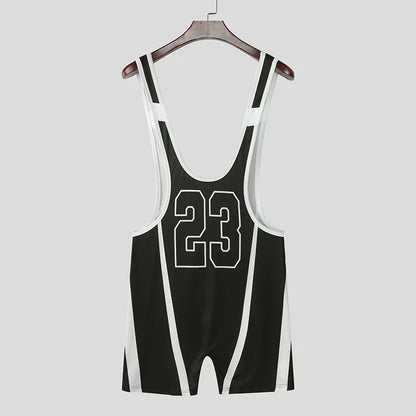 Men's Letter Print Patchwork Bodysuit – Black & White | S–3XL | Polyester & Spandex