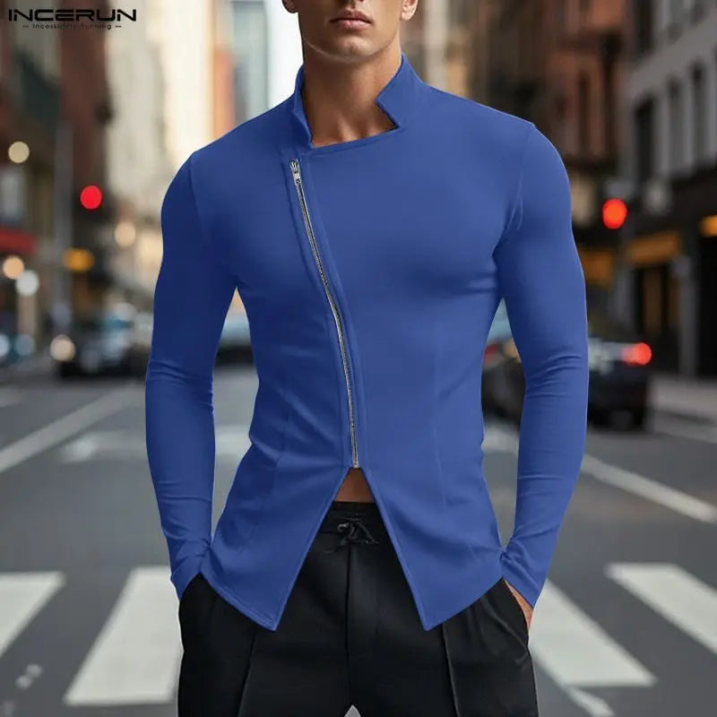 Incerun Diagonal Zip Vest | White, Blue & Black | S–XXXL