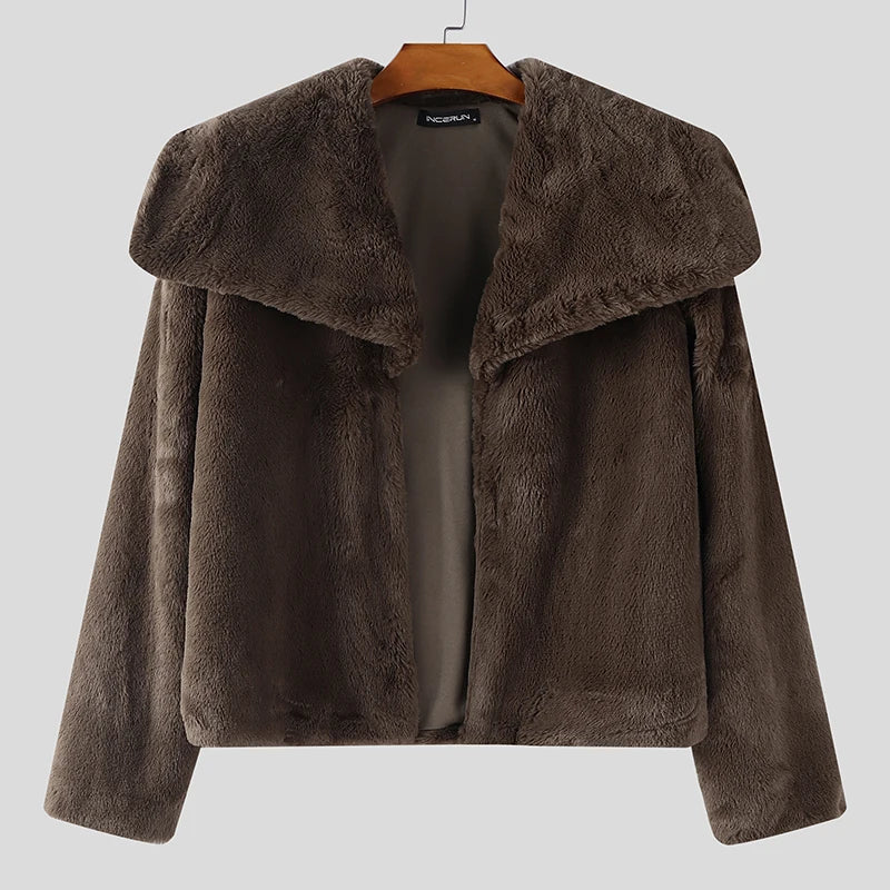 INCERUN Men's Plush Fleece Lapel Jacket – Solid Colour Open-Stitch Casual Streetwear Coat | S–XXXL
