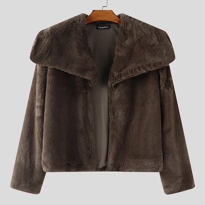 INCERUN Men's Plush Fleece Lapel Jacket – Solid Colour Open-Stitch Casual Streetwear Coat | S–XXXL