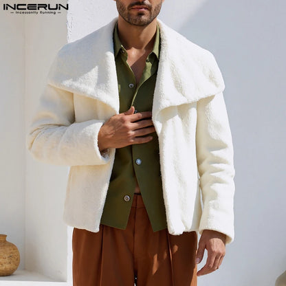 INCERUN Men's Plush Fleece Lapel Jacket – Solid Colour Open-Stitch Casual Streetwear Coat | S–XXXL