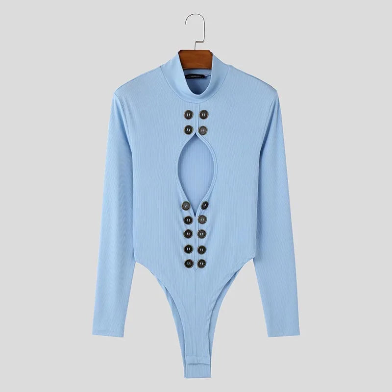Hollow-Out High Neck Bodysuit – White, Blue & Black | S–5XL | Polyester & Spandex