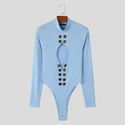 Hollow-Out High Neck Bodysuit – White, Blue & Black | S–5XL | Polyester & Spandex