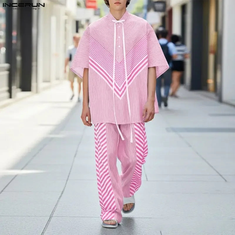 INCERUN Men's Striped Patchwork Set – Lace-Up Shirt & Pants Co-ord | S–5XL
