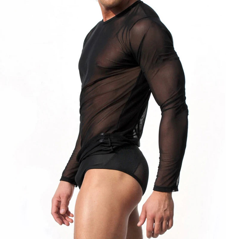 Clever-Men Sheer Long-Sleeve T-Shirt – Black & White | M–XL | Nylon & Elastane