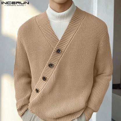 INCERUN Men's Textured Diagonal Knit Sweater – Solid V-Neck Long Sleeve Casual Pullover | S–5XL