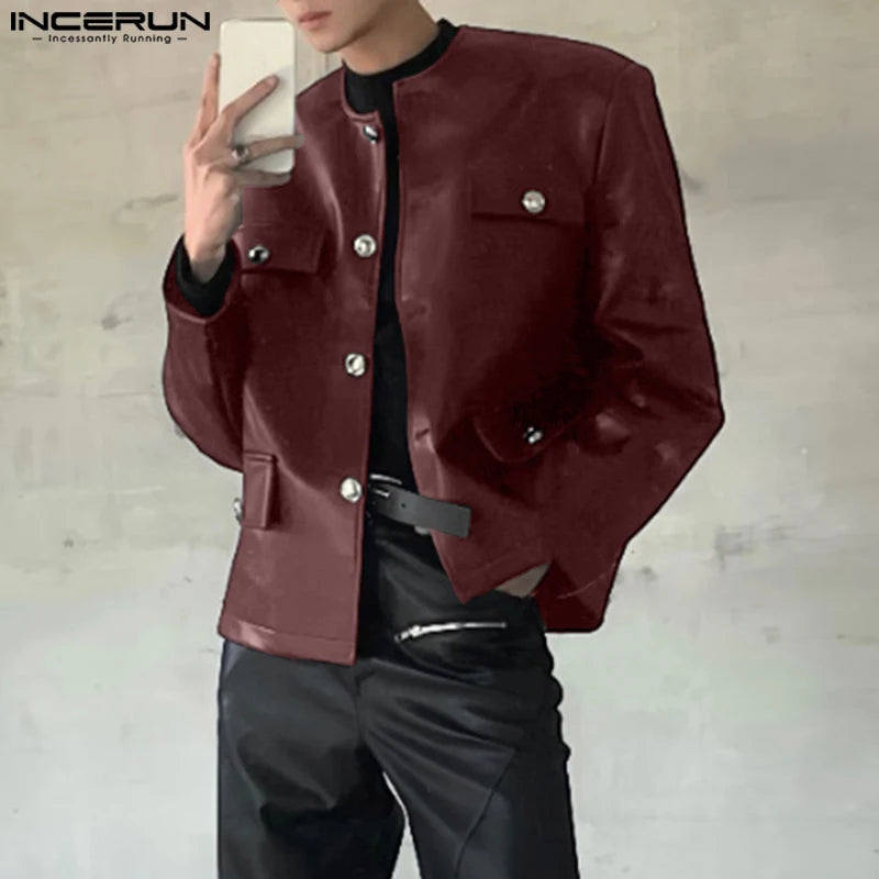 INCERUN Men's PU Leather Solid Colour Jacket – O-Neck Long Sleeve Button Streetwear Coat | S–5XL