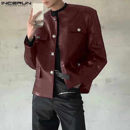 INCERUN Men's PU Leather Solid Colour Jacket – O-Neck Long Sleeve Button Streetwear Coat | S–5XL