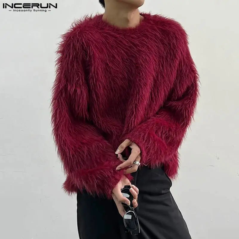 INCERUN Men's Plush Solid Colour Pullover – O-Neck Long Sleeve Casual Streetwear Sweater | S–5XL