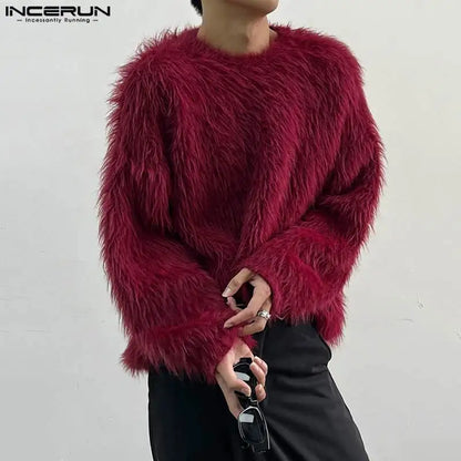INCERUN Men's Plush Solid Colour Pullover – O-Neck Long Sleeve Casual Streetwear Sweater | S–5XL