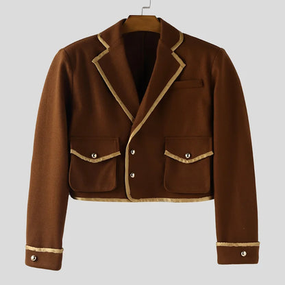 INCERUN Men's Patchwork Lapel Crop Jacket – Long Sleeve Button Streetwear Coat | S–XXXL