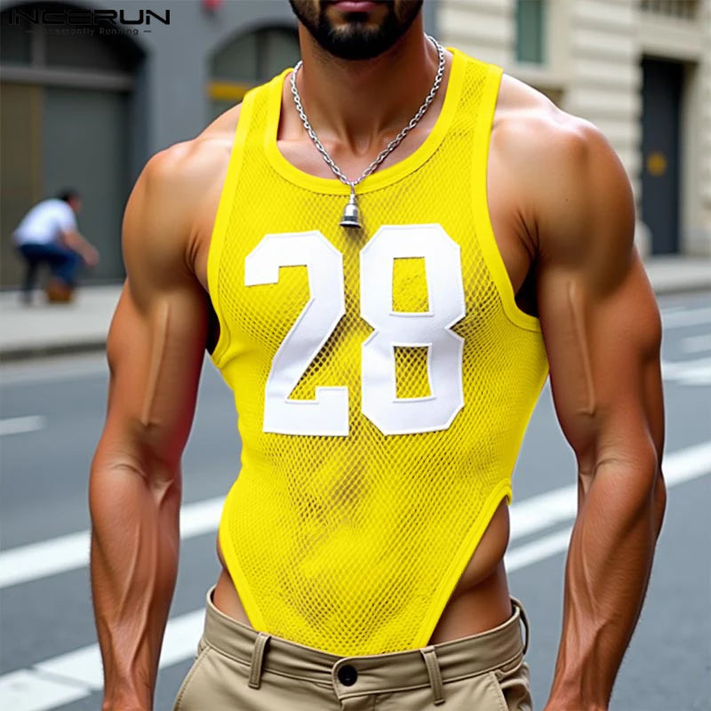 INCERUN Men's Mesh Patchwork Transparent Bodysuit – Sleeveless Tank Romper | S–XXXL