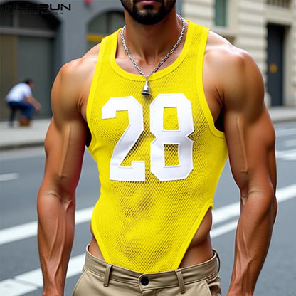 INCERUN Men's Mesh Patchwork Transparent Bodysuit – Sleeveless Tank Romper | S–XXXL