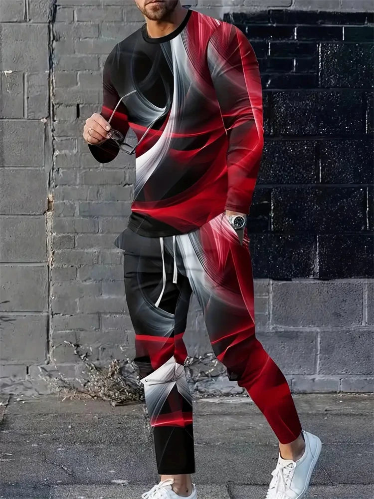 Men's 3D Blue Flame Print 2-Piece Sportswear Set – Long Sleeve Top & Sweatpants | M–5XL