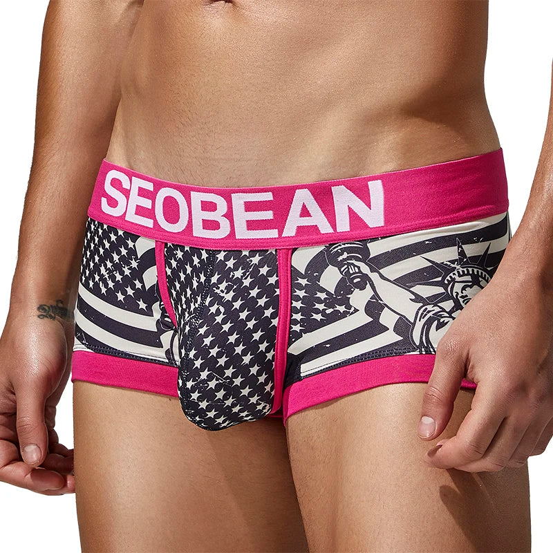 Seobean Geometric Stretch Boxer Shorts – Black, Red & Sky Blue | M–2XL | Polyester & Elastane