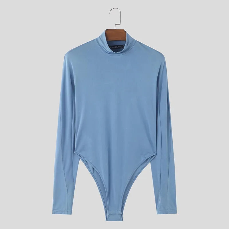 Solid Long Sleeve Bodysuit – Blue & Black | S–3XL | Polyester & Spandex
