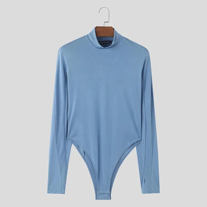 Solid Long Sleeve Bodysuit – Blue & Black | S–3XL | Polyester & Spandex