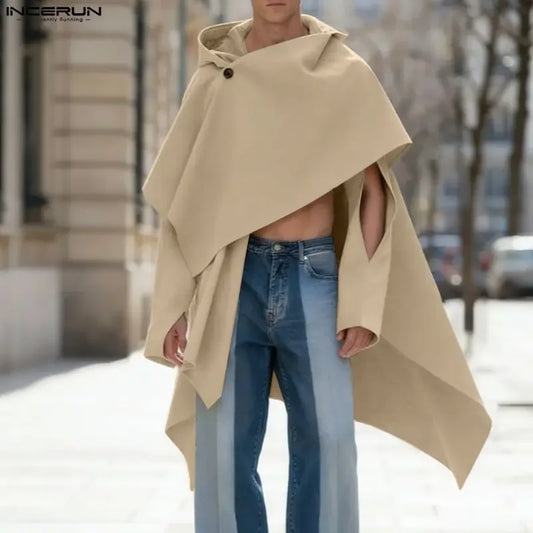 INCERUN Men's Hooded Hollow-Out Cloak Cape – Loose Irregular Streetwear Poncho | S–5XL