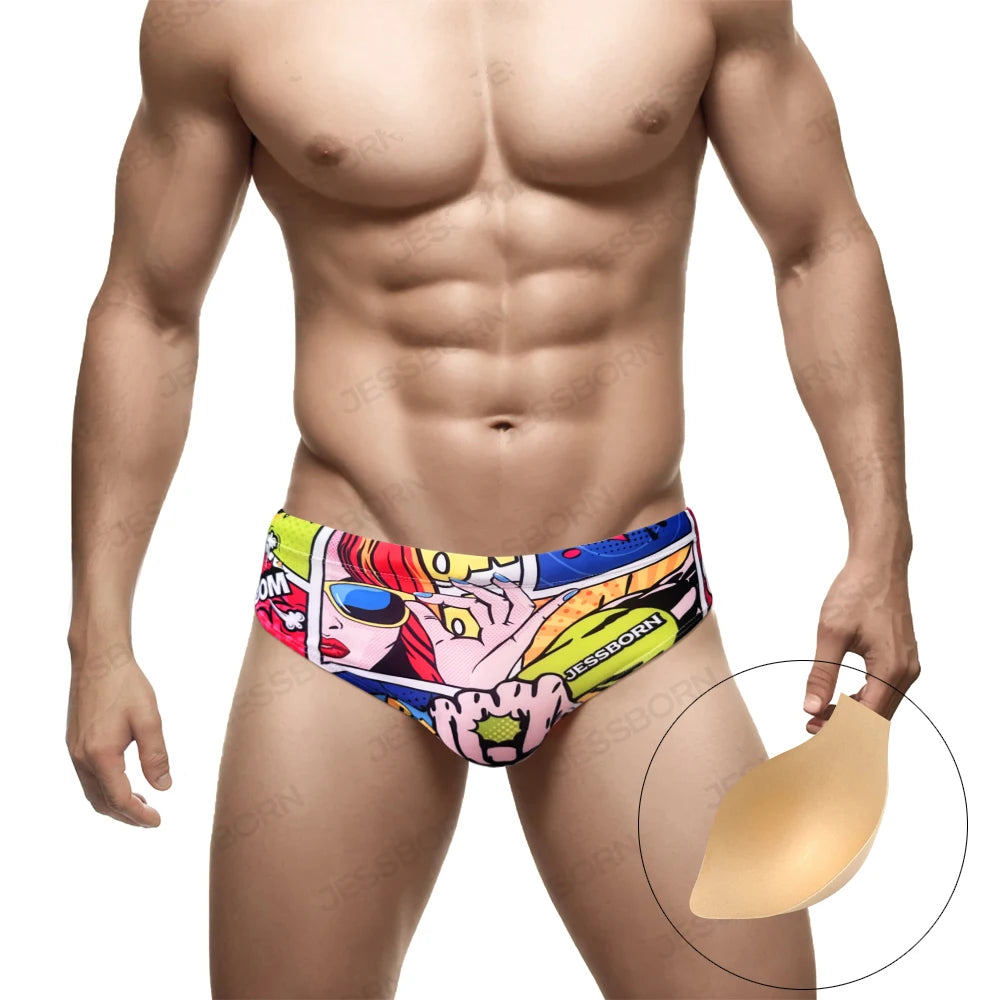 Cartoon Print Swim Brief – With or Without Pad | M–2XL | Polyester & Elastane