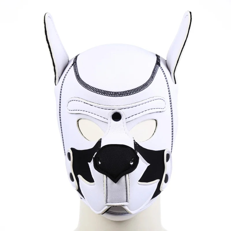 Puppy Play Hood – White & White with Collar | Synthetic Leather