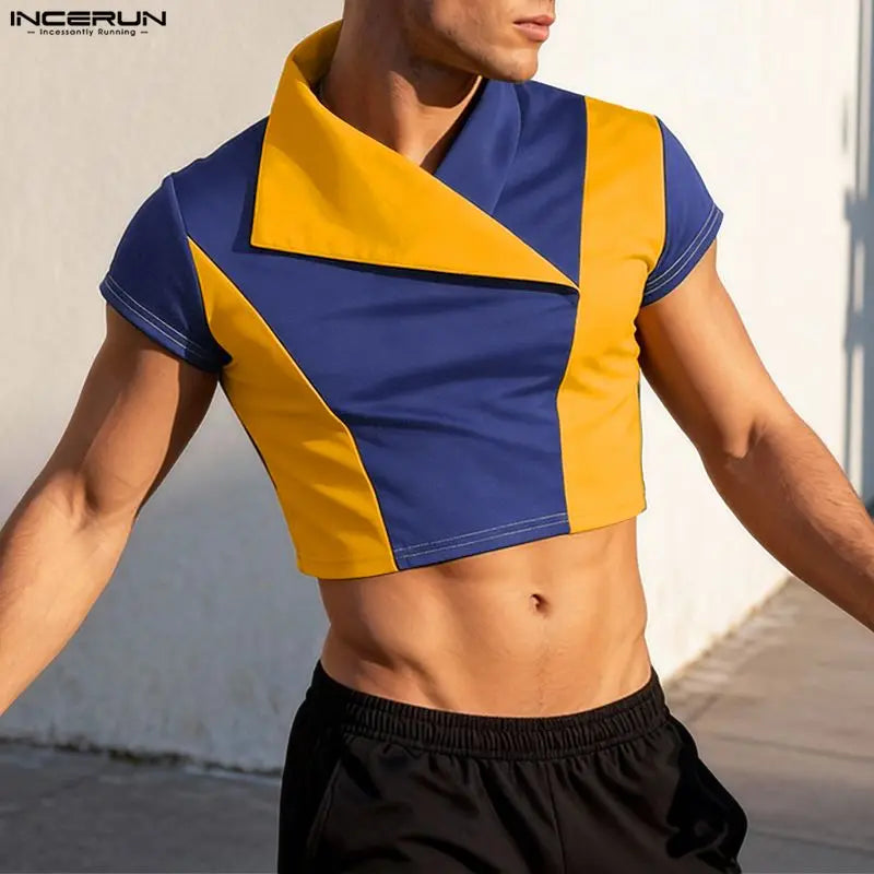 INCERUN Short Sleeve Crop Top Patchwork – Bold Men's Crop Top | S–5XL