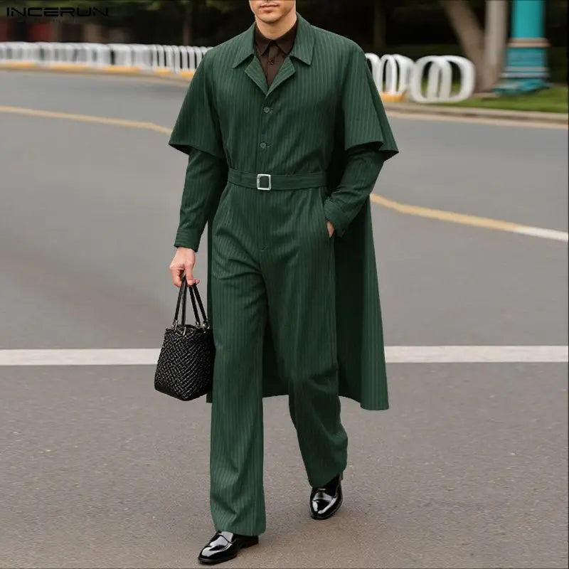 INCERUN Men's Striped Shirt Cloak & Pants Set – Elegant Lapel Long Sleeve Co-ord Suit