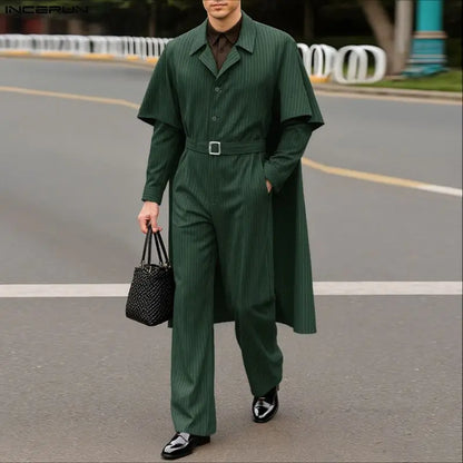 INCERUN Men's Striped Shirt Cloak & Pants Set – Elegant Lapel Long Sleeve Co-ord Suit