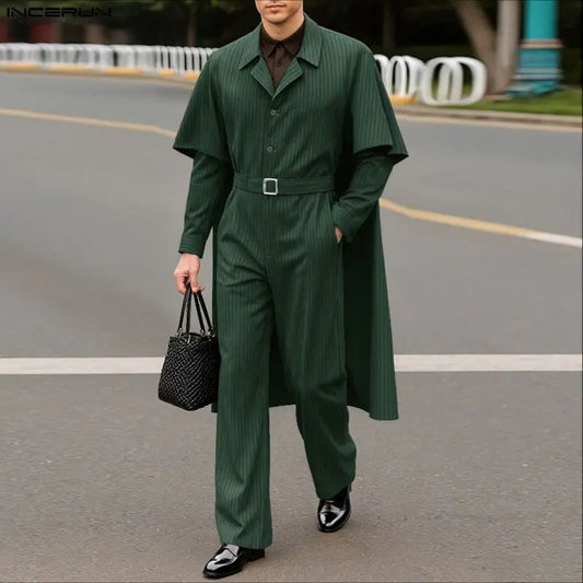 INCERUN Men's Striped Shirt Cloak & Pants Set – Elegant Lapel Long Sleeve Co-ord Suit