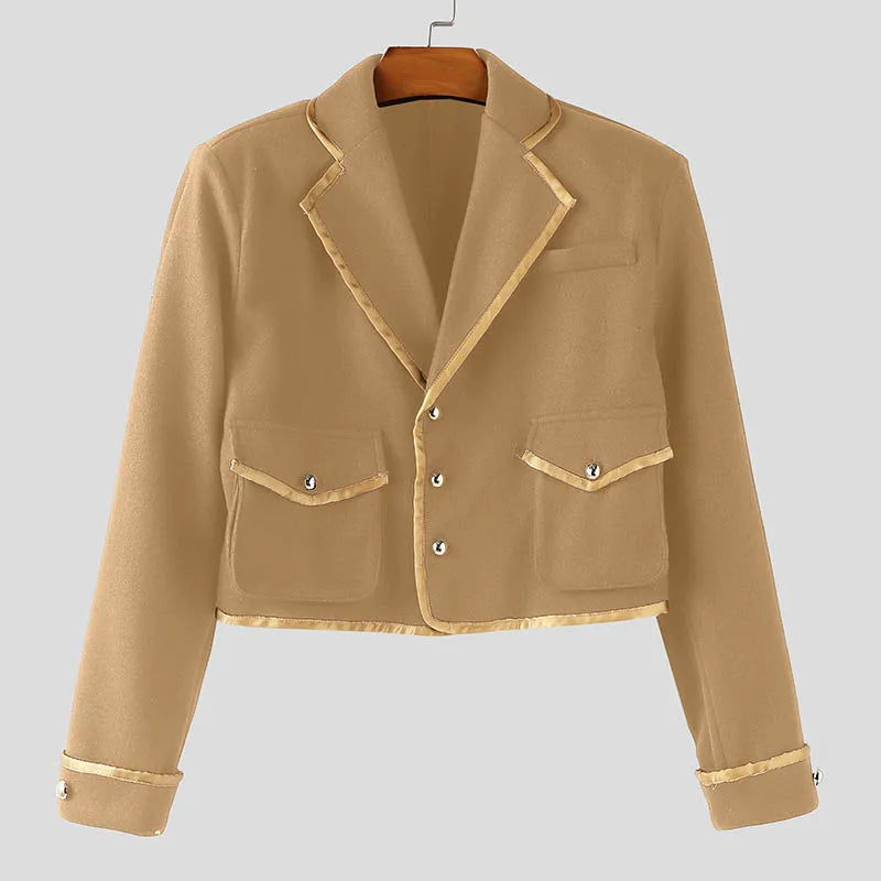 INCERUN Men's Patchwork Lapel Crop Jacket – Long Sleeve Button Streetwear Coat | S–XXXL