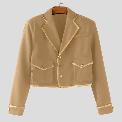 INCERUN Men's Patchwork Lapel Crop Jacket – Long Sleeve Button Streetwear Coat | S–XXXL
