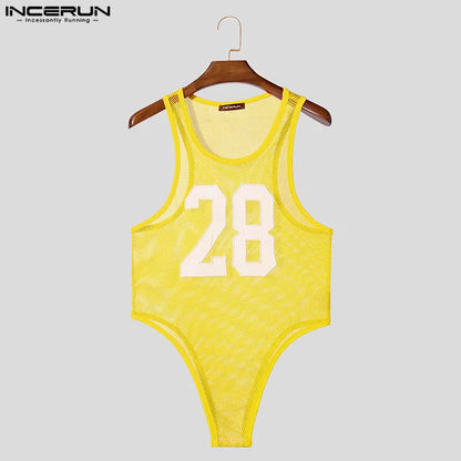 INCERUN Men's Mesh Patchwork Transparent Bodysuit – Sleeveless Tank Romper | S–XXXL