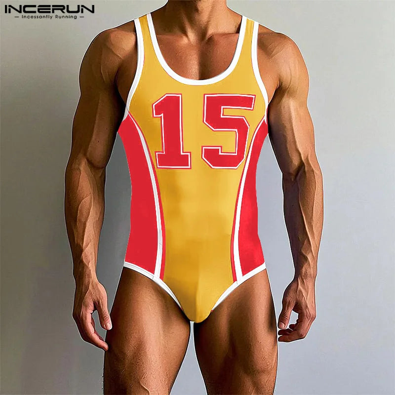 Printed Sleeveless Bodysuit – Green, Yellow & Red | S–3XL | Polyester & Spandex