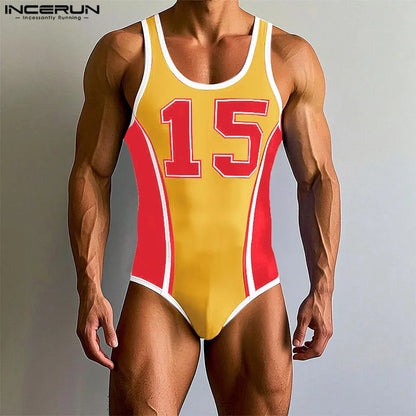 Printed Sleeveless Bodysuit – Green, Yellow & Red | S–3XL | Polyester & Spandex