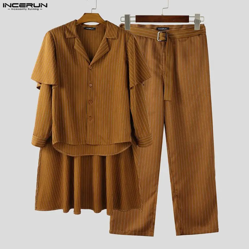 INCERUN Men's Striped Shirt Cloak & Pants Set – Elegant Lapel Long Sleeve Co-ord Suit