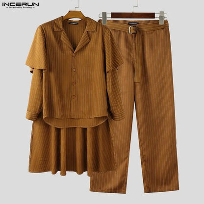 INCERUN Men's Striped Shirt Cloak & Pants Set – Elegant Lapel Long Sleeve Co-ord Suit