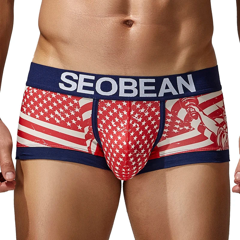 Seobean Geometric Stretch Boxer Shorts – Black, Red & Sky Blue | M–2XL | Polyester & Elastane