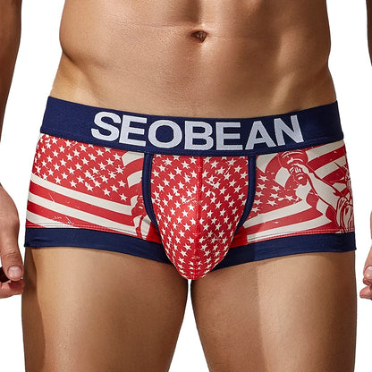 Seobean Geometric Stretch Boxer Shorts – Black, Red & Sky Blue | M–2XL | Polyester & Elastane