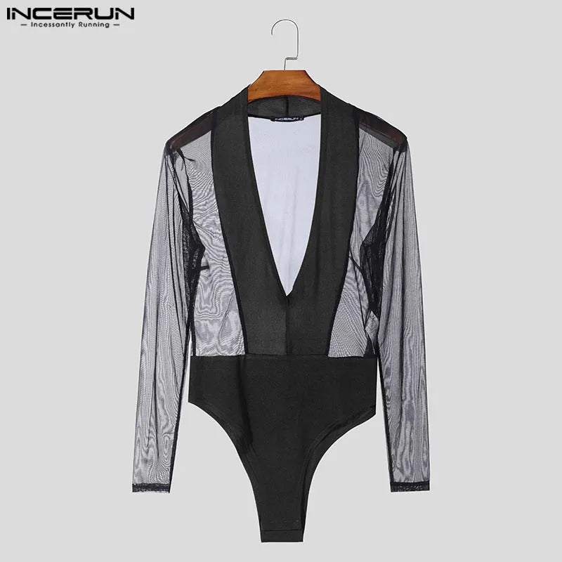 Mesh Splicing V-Neck Jumpsuit – Black | S–3XL | Polyester & Spandex