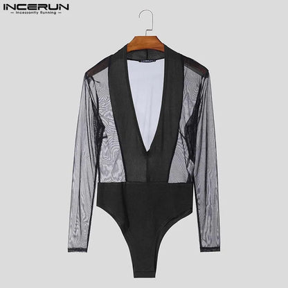 Mesh Splicing V-Neck Jumpsuit – Black | S–3XL | Polyester & Spandex