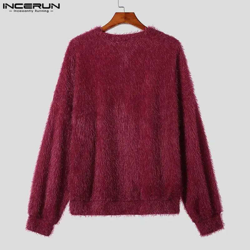 INCERUN Men's Plush Solid Colour Pullover – O-Neck Long Sleeve Casual Streetwear Sweater | S–5XL