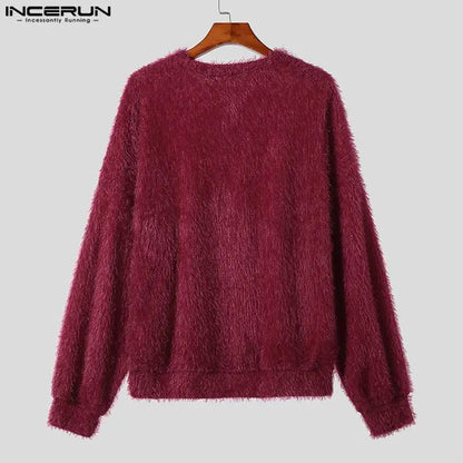 INCERUN Men's Plush Solid Colour Pullover – O-Neck Long Sleeve Casual Streetwear Sweater | S–5XL