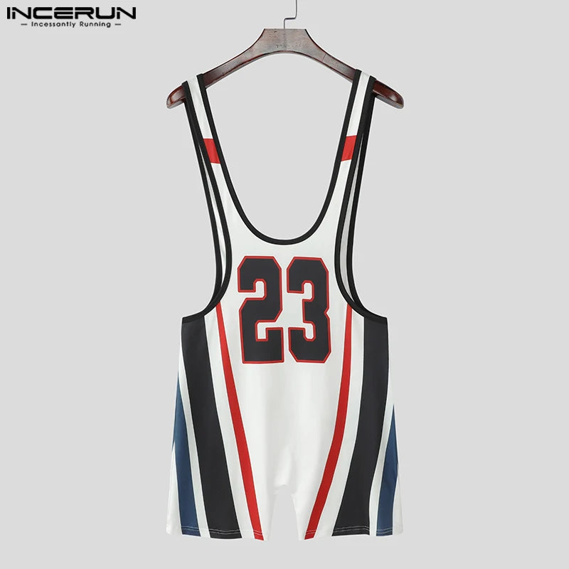 Men's Letter Print Patchwork Bodysuit – Black & White | S–3XL | Polyester & Spandex