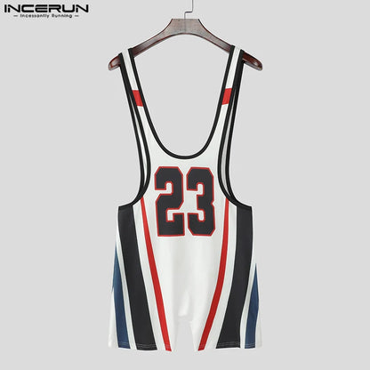 Men's Letter Print Patchwork Bodysuit – Black & White | S–3XL | Polyester & Spandex