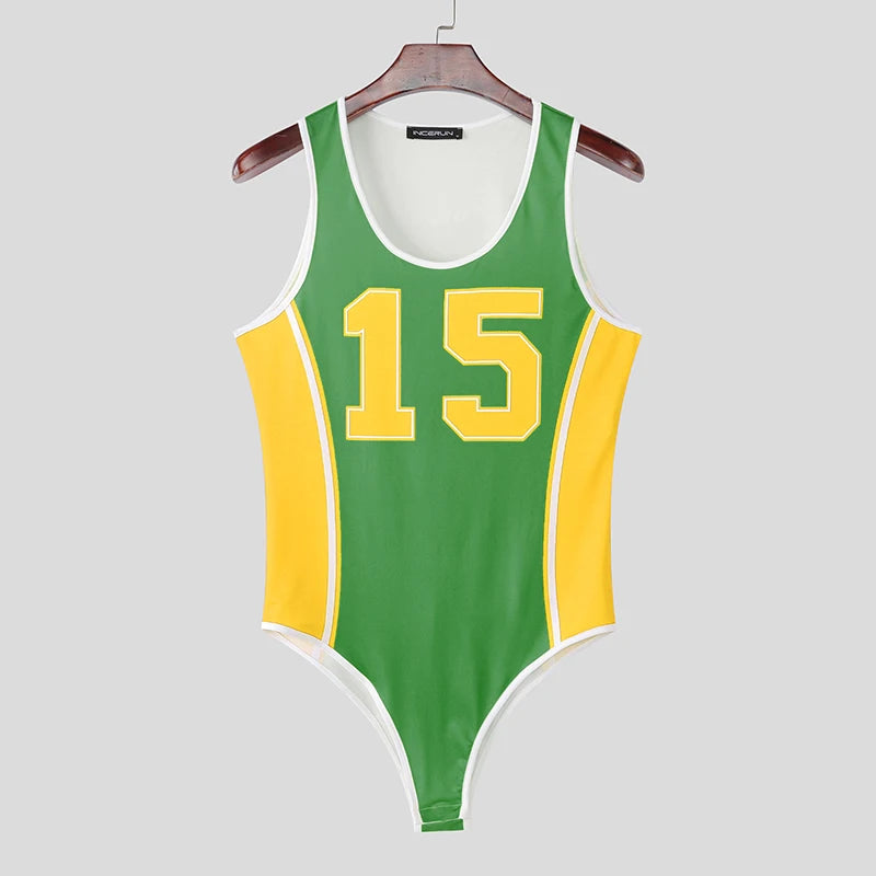 Printed Sleeveless Bodysuit – Green, Yellow & Red | S–3XL | Polyester & Spandex
