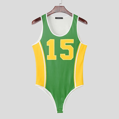 Printed Sleeveless Bodysuit – Green, Yellow & Red | S–3XL | Polyester & Spandex