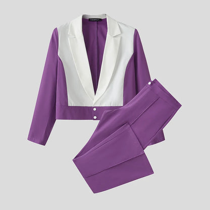 INCERUN Men's Color-Block Patchwork Blazer & Flare Pants Set – Lapel Long Sleeve Co-ord Suit