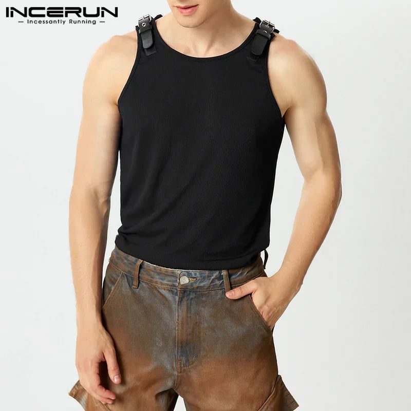 Incerun Buckle Strap Tank Top | Black & White | S–5XL