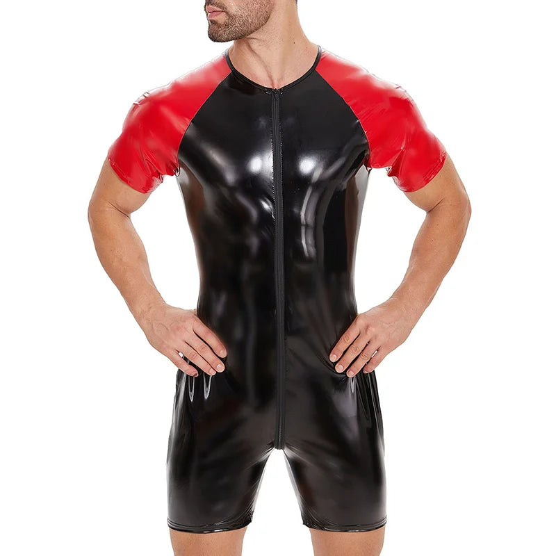 Shiny PVC Lacquer Leather Jumpsuit – Black & Red | S–7XL